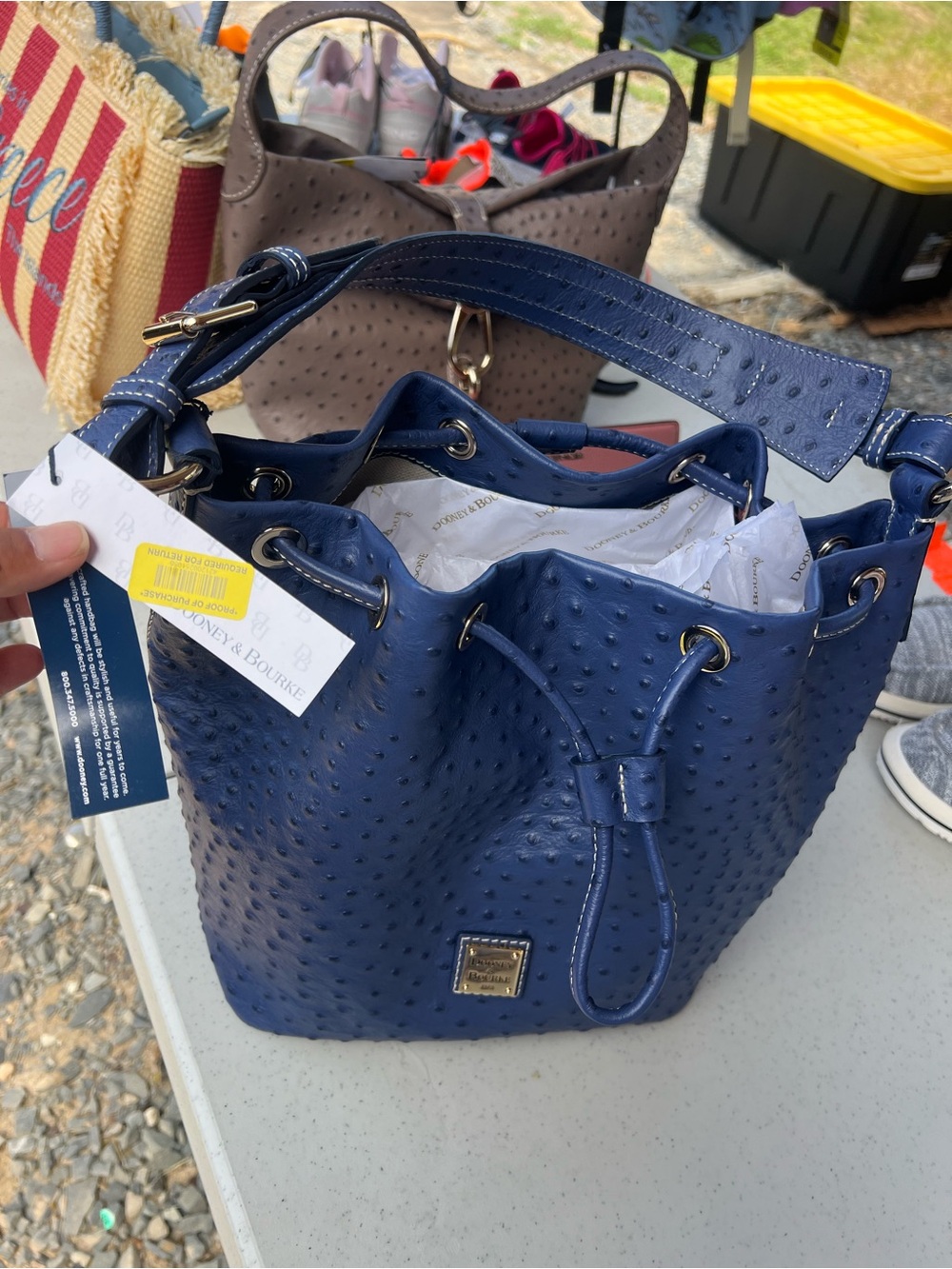 Dooney & Bourke Navy Blue Pebbled Drawstring Shoulder Bag, dust bag, certificate